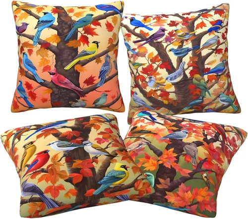 Vista 5 de Ouqiuwa Juego de 4 fundas de almohada coloridas con diseño de pájaros de 12 x 12 pulgadas, cuadradas, decorativas, con hojas de arce otoñales
