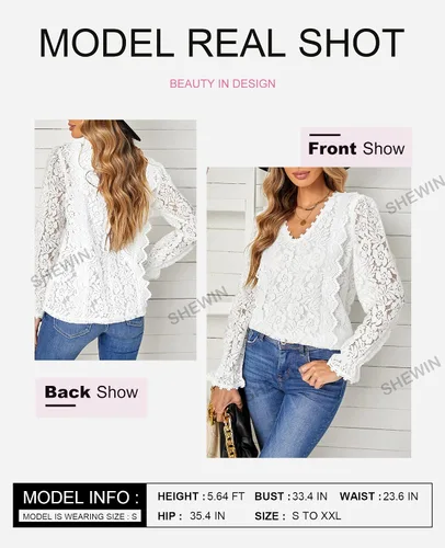 Vista 4 de SHEWIN Blusas estilo bohemio con cuello en V y encaje para mujer