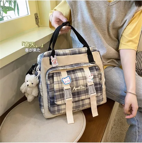 Vista 3 de Mochila Kawaii con pin Kawaii y oso de felpa mini bonita mochila escolar japonesa de anime Gris Mochilas Daypack