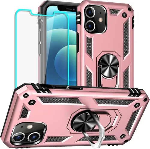 Vista 10 de Yiakeng Funda para iPhone 12 Mini: Funda para iPhone 12 Mini con protector de pantalla HD, fundas protectoras de grado militar con anillo para Verde