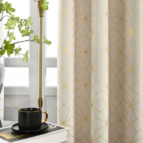 Vista 15 de Beauoop - Cortinas opacas 100% de 54 pulgadas de largo para dormitorio y sala de estar, con patrón marroquí dorado, paneles de tratamiento