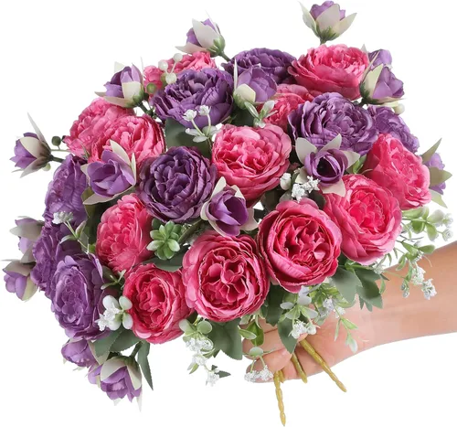Vista 11 de 2 racimos de flores artificiales de peonía beige, ramo de peonías de seda para bodas, fiestas, centros de mesa, arreglos florales, decoración
