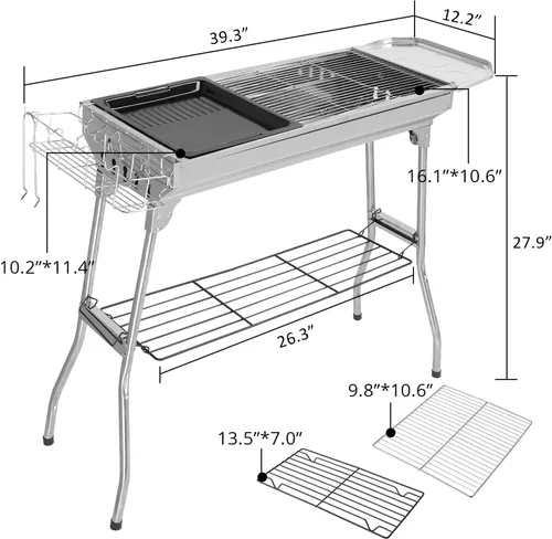 Vista 3 de Outvita Parrilla de carbón portátil, 39 x 12 x 28 pulgadas, parrilla plegable de acero inoxidable y ahumador para cocinar al aire libre, camping