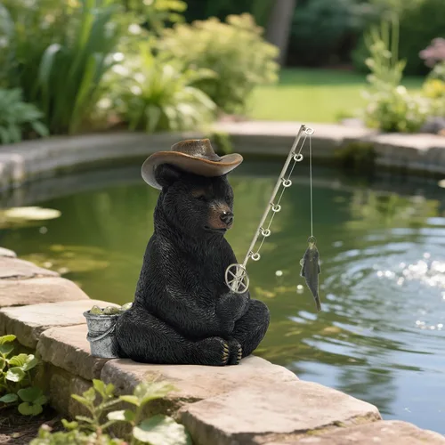Vista 7 de Hodao Figuras de pesca de oso negro, decoración de oso de verano, manualidades para decoración de escritorio de oficina en casa, estatua