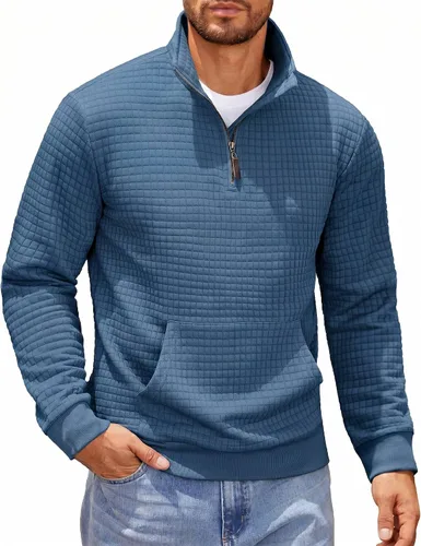 Vista 14 de COOFANDY - Sudadera con capucha para hombre, manga larga, con cremallera de un cuarto, estilo sarga casual, con bolsillo Verde militar
