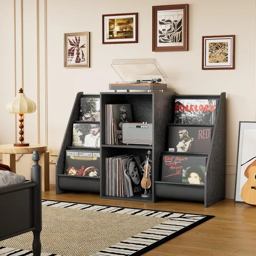 Vista 7 de Soporte para Reproductor de Discos, Soporte para Tocadiscos con Almacenamiento para 300 Discos de Vinilo, Mesa para Reproductor de Discos