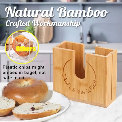Vista 5 de Soporte de corte de bagel ajustable Soporte de corte de bagel de bambú con ranuras ajustables de ancho para bagels pequeños y grandes, bollos