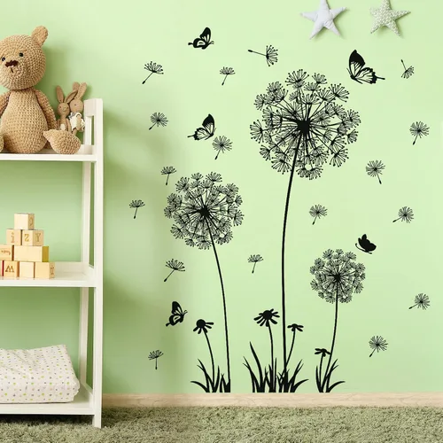 Vista 3 de Calcomanías de pared de diente de león, removibles, calcomanías de pared de flores para despegar y pegar, murales de mariposas florales, decoración