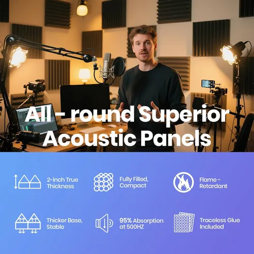 Vista 6 de Focusound Black Grey Acoustic Panels 50 Pack 2"x12"x12" with 300 PCS Double-Side Adhesive - Sound Proof Pyramid Foam for Walls, Home Studio Noise