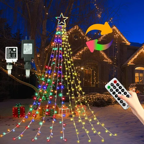 Vista 10 de Luces de estrella para decoración de Navidad al aire libre, 320 LED, 16.4 pies, luces de cadena para árbol de Navidad con topper de estrella