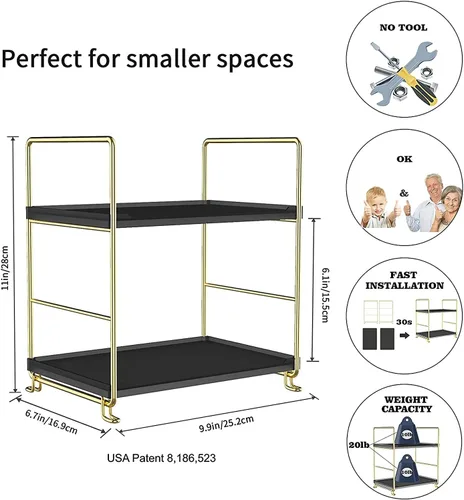 Vista 2 de Estante de especias de cocina de 2 niveles, estante organizador apilable independiente, organizador de baño y cosméticos, estante cuadrado de pie