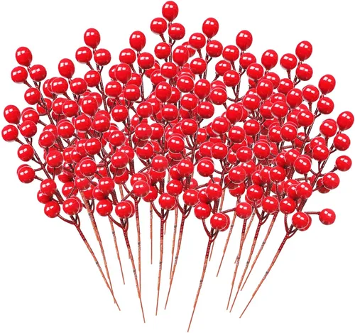 Vista 13 de DR.DUDU Paquete de 12 ramitas de bayas artificiales para decoración de árbol de Navidad, tallos de bayas rojas de Navidad para manualidades