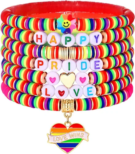 Vista 247 de Surfer Heishi - Pulseras apilables para mujer, apilables, de vinilo arcoíris, disco de arcilla, pulseras elásticas para la amistad, joyería bohemia