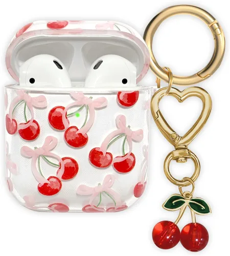 Vista 11 de Funda compatible con AirPods, funda de TPU suave con bonito patrón de flores para AirPods de 2 y 1 generación con llavero colgante y mosquetón