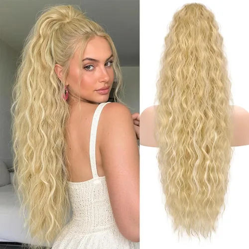 Vista 17 de KooKaStyle Extensión de cola de caballo con cordón de 26 pulgadas (66 cm) para mujeres, extensiones de cabello sintético rizado largo para uso