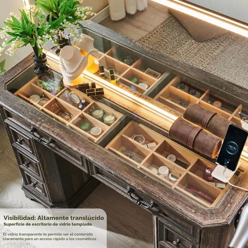 Vista 4 de T4TREAM Escritorio de maquillaje con espejo iluminado HD de 48 pulgadas, mesa de tocador de granja con 8 cajones, escritorio de tocador con 3 modos