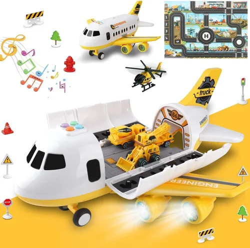 Vista 11 de Dwi Dowellin Juguete de avión rosa con 6 camiones y tapete de juego, avión con luces y sonidos para niños y niñas de 3, 4, 5, 6, 7 años