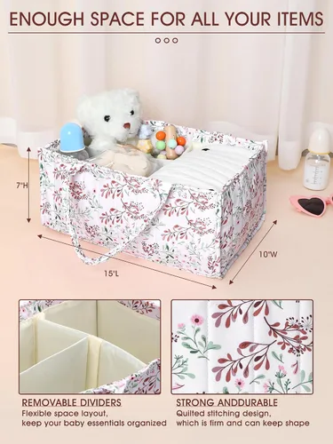 Vista 2 de Shinylin Organizador de pañales de 2 piezas para recién nacidos, regalos para nuevas madres, elegante cesta de pañales marrón, margaritas pastorales