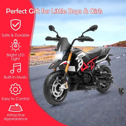 Vista 5 de OLAKIDS Aprilia - Motocicleta de 12 V para niños, motor eléctrico con licencia de Aprilia con ruedas de entrenamiento, suspensión de resorte