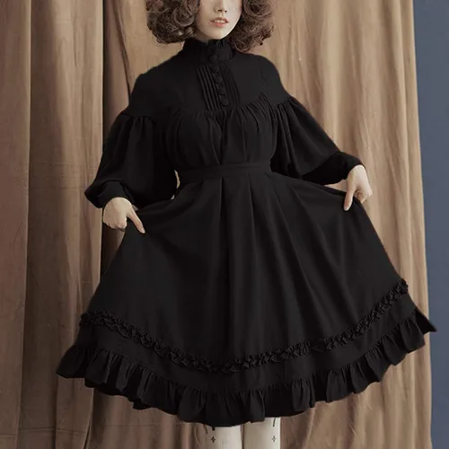 Vista 2 de Vestido gótico de Lolita para mujer, vintage, dulce, lindo vestido de retazos con mangas de farol, vestido renacentista con volantes y lazo