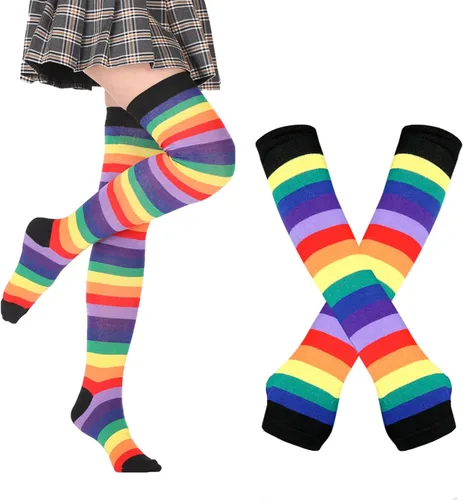 Vista 12 de Benefeet Sox Conjunto de calcetines altos hasta el muslo a rayas arcoíris para mujer, calentadores de brazos, guantes sin dedos, disfraz