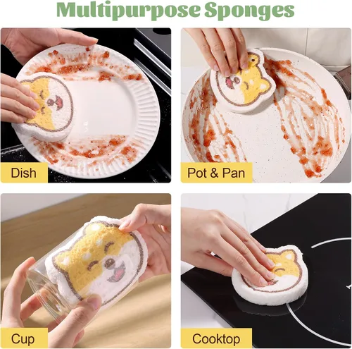 Vista 4 de JOYMOOP Esponja de cocina de dibujos animados, esponjas de celulosa para limpieza, esponjas antiarañazos para lavar platos, esponja reutilizable