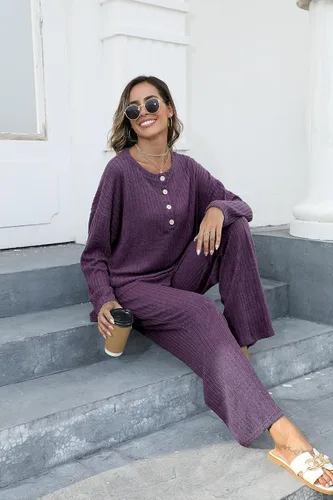 Vista 5 de Conjunto de 2 piezas para mujer, sudadera de gran tamaño con botones y pantalones de descanso a juego