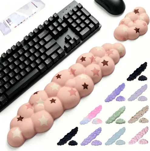 Vista 13 de Cloud - Juego de reposamuñecas para teclado y mouse, incluye un bonito posavasos, con computadoras y portátiles (juego de estrellas negras)