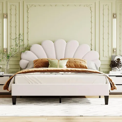 Vista 8 de DEINPPA Base de cama tapizada tamaño matrimonial con cabecera ajustable de flores elegantes, cama de plataforma de terciopelo con soporte