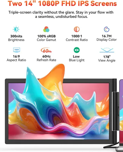 Vista 3 de Extensor de pantalla para portátil 1080P de 14", conexión de un cable (Windows y Mac) Dual Screen USB-C HDMI Wireless & Wired Travel Extended