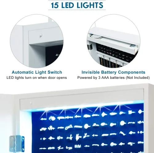 Vista 4 de Giantex Armario de joyería para colgar en la pared, armario de joyería con cerradura con espejo de longitud completa, 15 luces LED, organizador