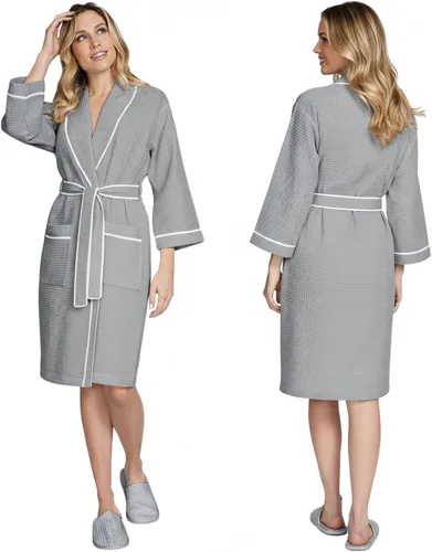 Vista 13 de Lotus Linen Women’s Lightweight Waffle Spa Robes – Soft Cotton Knee Length Bathrobe, Personalized Bridesmaids Robe Negro