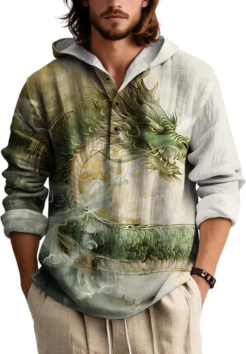 Vista 12 de Sudadera con capucha con estampado novedoso para hombre, multiestilo, manga larga, casual, con botones de un cuarto