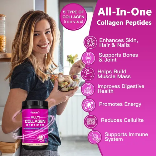 Vista 5 de ZEBORA Polvo de péptidos de colágeno 50 porciones, multicolágeno hidrolizado tipo I II III V X con ácido hialurónico, biotina, vitamina C – Apoya