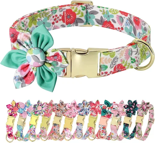 Vista 11 de Collares de perro femeninos Beirui con patrones florales vibrantes, collar de perro hembra con flores para caminar, collar ajustable duradero