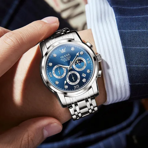 Vista 2 de OLEVS Reloj cronógrafo para hombre, esfera grande, multifuncional, fácil de leer, de acero inoxidable, analógico, de cuarzo, con fecha, de lujo