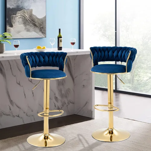 Vista 5 de Juego de 2 taburetes de bar giratorios de altura ajustable y 360, silla de recepción redonda moderna, silla de bar de terciopelo dorado, silla alta
