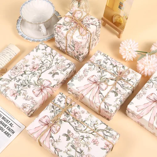 Vista 4 de Ywdbzjhs 1 rollo de papel de regalo de lazo rosa y flores, 17 pulgadas x 33 pies, papel de regalo con lazos florales vintage coqueta, para San