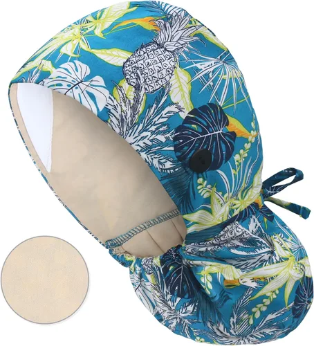 Vista 20 de QBA Gorra de trabajo ajustable con botón, gorro forrado de satén, gorro de trabajo de algodón, banda elástica para atar en la espalda, unisex