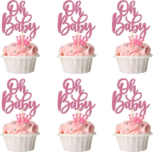Vista 28 de 24 piezas Oh Baby Cupcake Toppers Glitter Baby Shower Cupcake Picks Reveal Género Decoración de Pasteles para Baby Shower Niños Niñas Fiesta de Azul