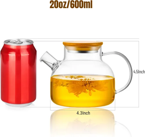 Vista 2 de PARACITY Tetera de vidrio para estufa de 600 ml/20 oz, hervidor de té transparente de borosilicato con tapa de bambú, tetera de vidrio con pico