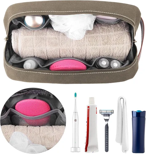 Vista 4 de Neceser de viaje para hombres y mujeres, organizador de artículos de tocador de lona resistente al agua, de cuero vegano, kit de Dopp colgante