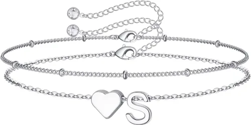 Vista 44 de M MOOHAM Pulseras de oro con inicial de corazón para mujer, pulseras con dije de letra A-Z de corazón dorado en capas para mujer, pulseras