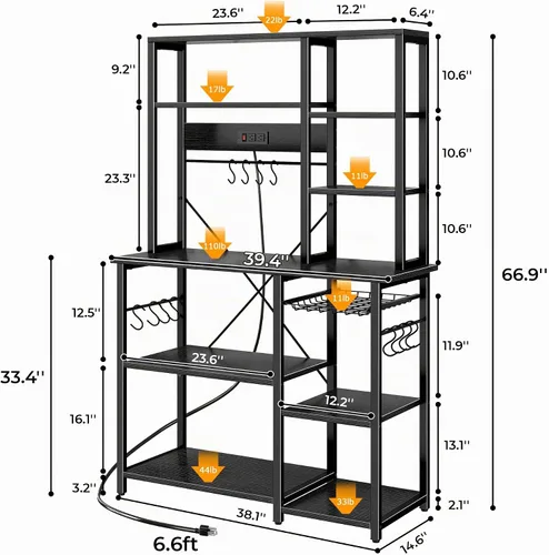 Vista 3 de SUPERJARE Estante grande de panadería con tomas de corriente, soporte para microondas de 6 niveles, barra de café con 12 ganchos en forma de S