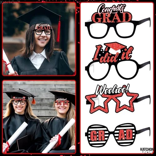 Vista 5 de KatchOn, Gafas de graduación rojas 2026 – Brillantina, paquete de 12 Accesorios para cabina de fotos de graduación 2026 para decoraciones