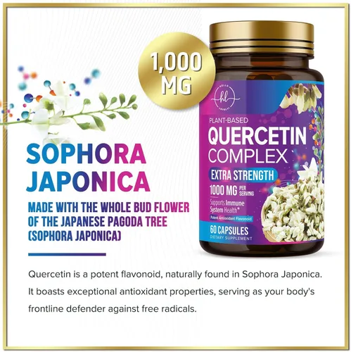 Vista 3 de Dihidrato de quercetina 1000 mg por porción - Bioflavonoides de primera calidad a base de plantas - Antioxidante extra fuerte Apoyo para la salud