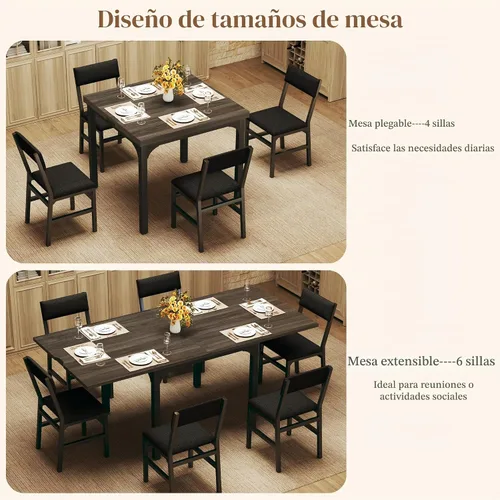 Vista 3 de Juego de mesa de comedor de 7 piezas para 4-6, sillas extensibles para mesa de cocina, juego de 6 con 6 sillas, mesa de comedor rectangular
