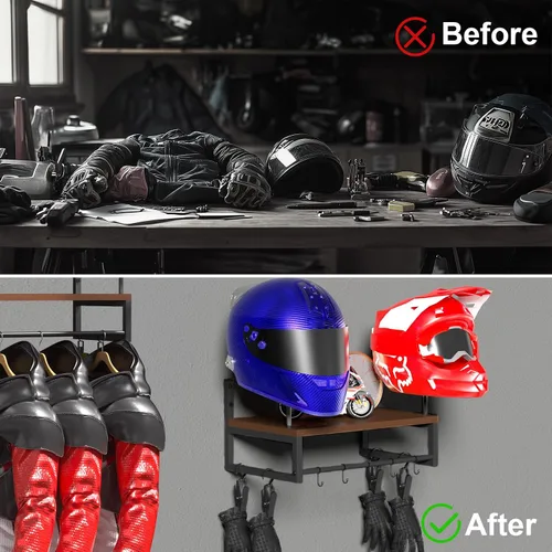 Vista 2 de Soporte de pared para casco, estante retro para casco con tabla de madera, 2 soportes para casco para almacenamiento de equipo de motocicleta