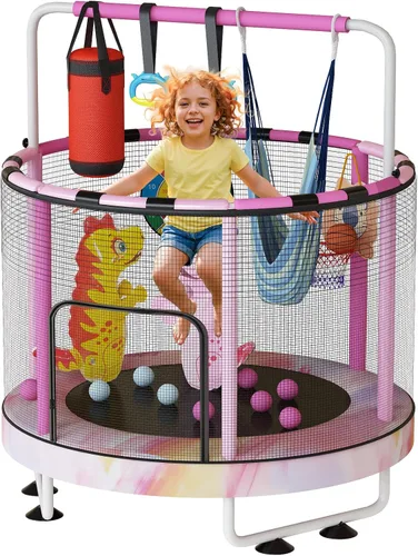 Vista 22 de LAMERGE Trampolín redondo 7 en 1 de 55 pulgadas para niños y niñas de 1 a 8 años, trampolín para interiores y exteriores para diversión, barandilla