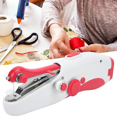 Vista 6 de Máquina de coser portátil de mano, máquina de coser a mano, mini máquina de coser eléctrica de doble aguja para hacer manualidades u objetos